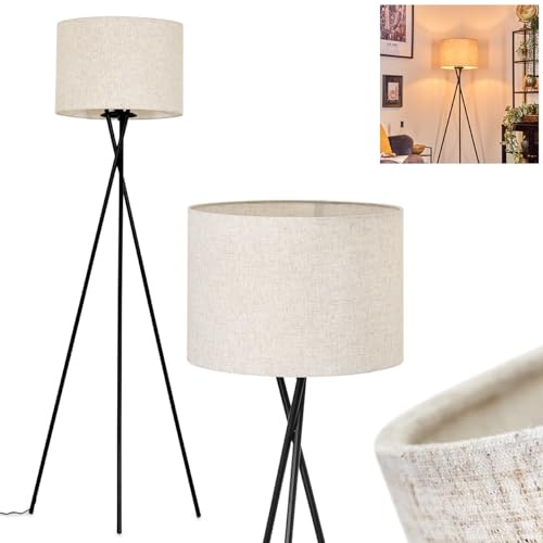 Stehleuchte Bassagoda, Stehlampe aus Metall/Stoff in Schwarz/Beige, Leuchte im modernen Design mit rundem Schirm (Ø 40 cm) u. Fußschalter, Höhe 156 cm, 1 x E27, ohne Leuchtmittel
