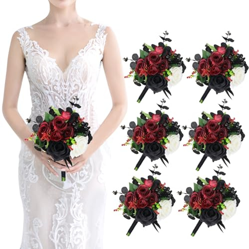 SEMONONIA Blumensträuße für Brautjungfern im Gothic-Stil, Set mit 6 künstlichen Blumen, Blumenstrauß für Halloween, Dekoration, Heiratsantrag, Party, Zeremonie, Jahrestag, Esstisch, Tafelaufsätze –