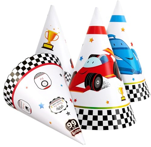 WERNNSAI Birthday Party Hats - 12 PCS Cars Party Decorations Race Car Kids Birthday Hats Paper Cone Headwear for Kids Boys Baby Shower Checkered Race Supplies