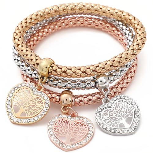 JEYORZY 3 pcs bracelet femme, Cabochon Arbre de Vie Bracelets Porte-Bonheur, Bracelet Femme Bijoux Cadeaux, Pendentif Mignon Bijoux pour Cadeaux d'Anniversaire pour Mère Femmes Sœurs, bijoux femme