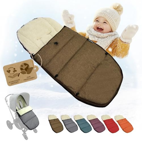 Fotsäck [vinteråkpåse] babyåkpåse kompatibel med Bugaboo barnvagnsmodeller lammull sittdyna, justerbar (brun)