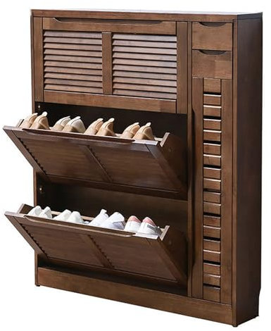 Zapatero de madera maciza con persianas, zapatero de pasillo, organizador de almacenamiento, estante de zapatos para pasillo, interior y exterior, acabado de nogal