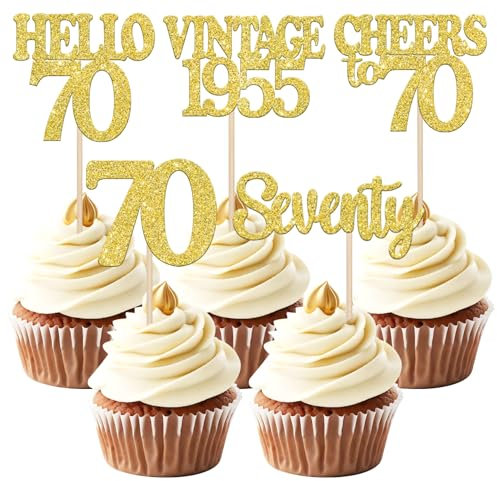 SYKYCTCY 30 Pack Happy 70th Birthday Cupcake Toppers Glitter Seventy Vintage 1956 Cupcake Picks Cheers to 70 Fabulous Hello 70 Cake Decorations for Birthday Wedding Anniversary Party Supplies