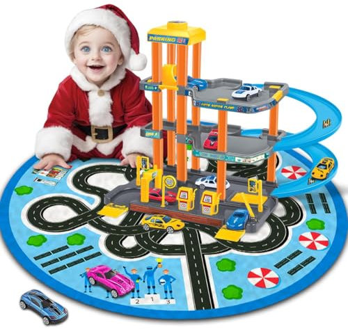 Xwin Sportseries 3 Storey Kids Parking Garage Toys with Playmat, Spiral Track, Car Wash & Die Cast Multi Color Cars with Storage Bag Ideal BirthdayGift for Kids Age 3+