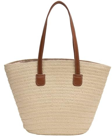 Freefire Strohtaschen Damen, Sommer Strandtasche Stroh Groß Geflochten Korbtasche Stroh Handtasche Basttasche mit Reißverschluss und Leder Schultergurt für Strand Reise Einkau