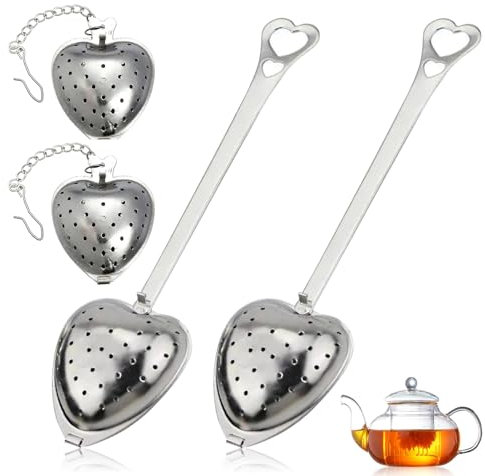 4 Stück Teesieb Herz, Tea Infuser Mit Heart Handle,Teekugel für Losen Tee,WeihnachtenTeesieb Löffel Edelstahl,Tee Ei Set,Teaballs Set,Tee-Ei Mit Kette,Tee Zubehör,Repeatable for Long Term Use