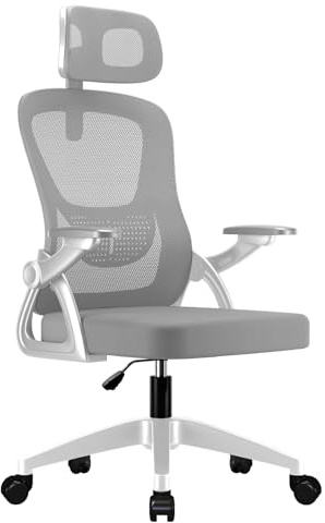 EOXCIIU Ergonomic Office Chair, Desk chair with 2D Headrest and 90° Flip-up Armrest, Executive Mesh Chair with Lumbar Support, 3-Stage Gas Lift, Height Adjustable for Home, Office, White