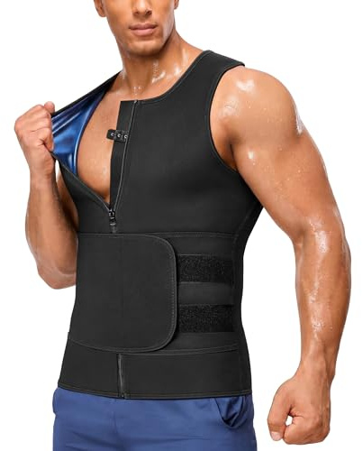 Junlan Camiseta de sauna para hombre chaleco moldeador corporal traje de sudoración cintura entrenador corsé con cremallera