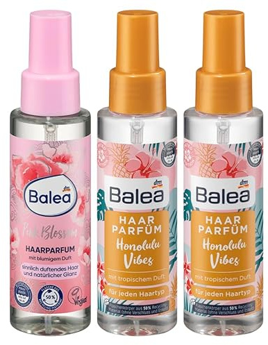 Balea 3er-Set Haarparfüm: Pink Blossom, 100 ml + Honolulu Vibes, 2 x 100 ml | Blumiges Dufterlebnis, natürlicher Glanz für jedes Haar + lang anhaltender sommerlich tropischer Duft, beschwert Haare nicht