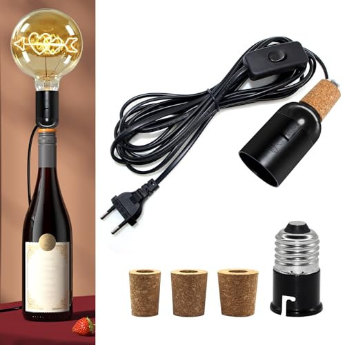 Portalampada E27 per bottiglie, bottiglia di vino, lampada da tavolo con convertitore B22, attacco 2,4 m, cavo adattatore per bottiglie, lampada con 3 tappi di sughero, per bottiglie, kit fai da te