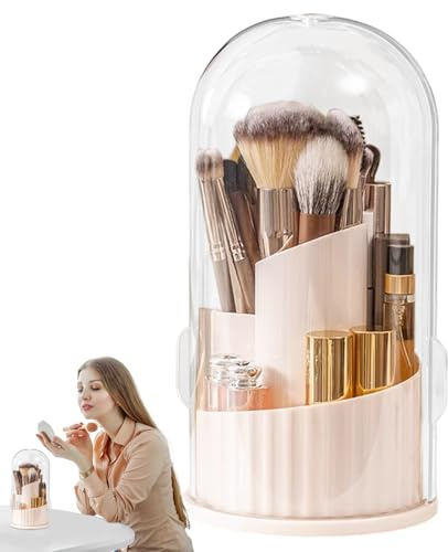 Genérico Portacepillos De Maquillaje Para Tocador,Caja Organizadora De Cosmeticos | Estuche Giratorio 360° Antipolvo Con Tapa Para Almacenamiento De Brochas Cosmeticas Y Portatil Para Viaje