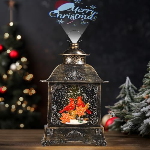 Lewondr Rotkardinal-Vogelschneekugel mit 6-Muster-Projektor, Retro-Vogelkäfig mit wirbelndem Glitzerwasser, Weihnachtsdorf-Schneekugel mit 6-Stunden-Timer, Dekoration für Weihnachtsfeiertage Neujahr