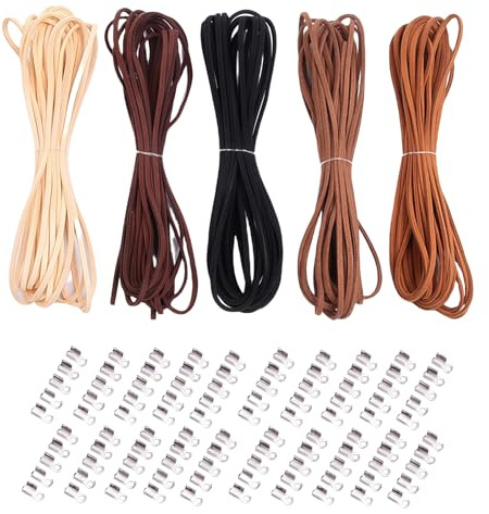LUMOOM Set di nastri piatti in pelle, 5 colori, 5 m, 5 pezzi, 5 m x 5 pezzi, cinturino in pelle per collane con chiusura, per braccialetti fai da te, collana, gioielli fai da te