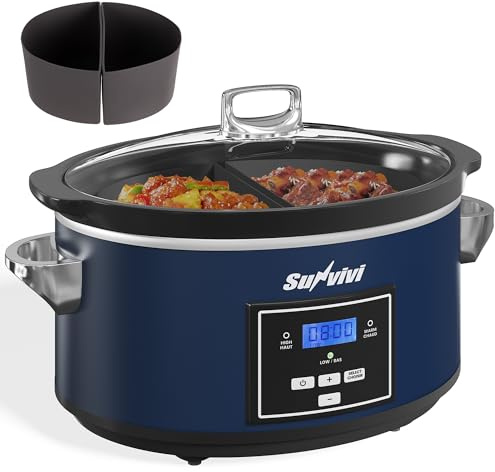 SUNVIVIPRO Programmable Slow Cooker, Multi-Cooker with 2 in 1 Silicone Slow Cooker Liners, 6 QT Food Warmer with Digital Timer, 3 Adjustable Temp & Dishwasher Safe Parts, Stainless Steel, Blue