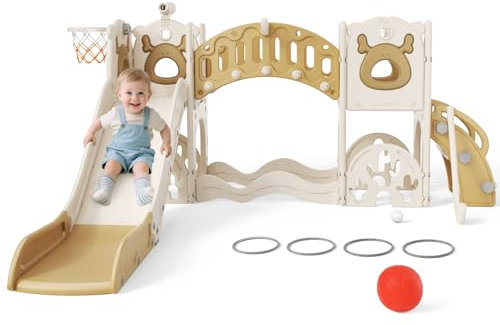 Slide per bambini ispessiti e allargati, scivolo per bambini piccoli indipendente con canestro da basket, attrezzatura per parco giochi con scivolo, scivoli all'aperto (kaki 9 in 1)