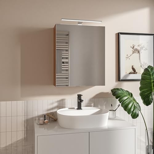 HAJDUK FURNITURE Spiegelschrank Bad 50x60 cm Eiche Sonoma mit LED Beleuchtung Spiegelablage Grifflos Aufsatzleuchte mit Chrom Gehäuse