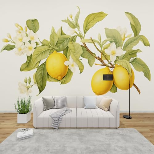 QEODAH 3D Tapete Zitronen Schlafzimmer, Fototapete Grüne Blätter, Vliestapete Grün Gelb, Tapeten Wohnzimmer Muster, Tropische Früchte Wand Deko Kinderzimmer, Wandtapete, Mustertapete Vlies 150x105 cm