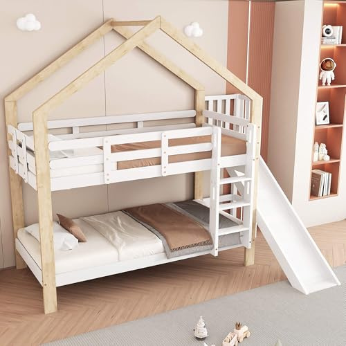 MQGPM Litera de 90 x 200 cm con tobogán y somier, cama para niños y adolescentes, color blanco y madera