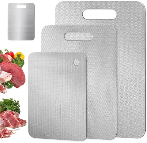 GOMETY 3 Stück Edelstahl Schneidebrett 316, Doppelseitiges Kratzfestigkeit Lebensmittel Edelstahl Schneidebrett Rutschfeste Langlebig Beidseitige Metall Schneidebretter BPA-frei und Spülmaschinenfest