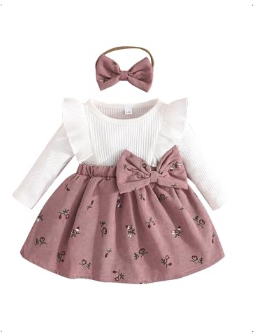 HEOXIN 2 Pezzi Stampa Vestito Abito Bambina Fiocco e Fascia Completo, Ragazza Vita Elastica Linea A, Collo Rotondo Maniche Lunghe a Volanti per Feste Casual Autunno Inverno, 18-24 Mesi, Rosa