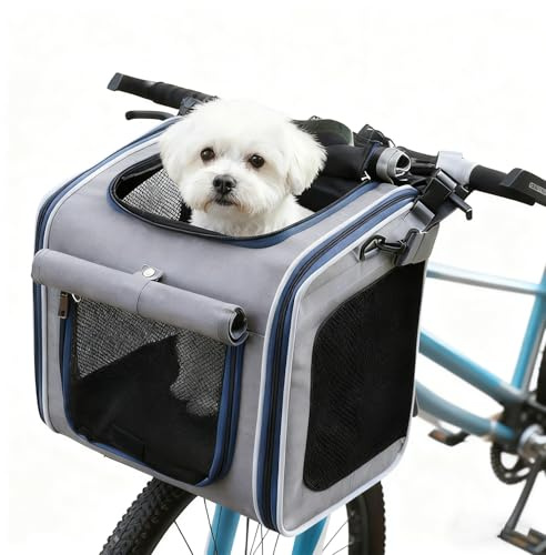 Cnwinu Front Dog Bicycle Basket, Front Dog Basket with 4 Open Doors, 4 Mesh Windows, Foldable Bicycle Baskets for Dogs, Bicycle Dog Basket for Small and Medium Cats and Dogs