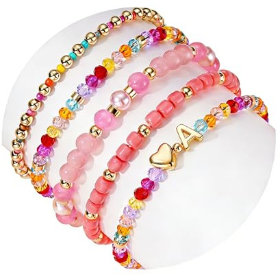 Turandoss Herz Armband mit Buchstaben Damen Gold Buchstaben Armband A Bunte Perlen Armbänder Mädchen, Geschenke für Frauen Mädchen Freundin Geburtstag Schmuck