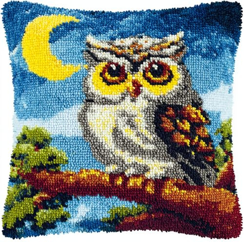 kitphoenix Knüpfkissen Set Eule Unter Dem Mond Knüpfkissen Set Für Anfänger Erwachsene Oder Kinder Zum Selber Knüpfen,Diy Knüpfteppich Knüpfpackung,43X43Cm