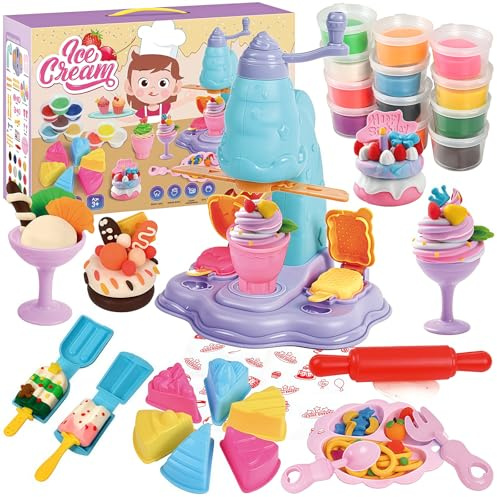 Creative Kids Ice Cream Toy Playdough Set,Maslasee Play Dough Sets for Kids 4-5, Complete Play Kitchen Accessories with Maker Machine, Arts and Crafts for Boys Girls Ages 3 4 5 6