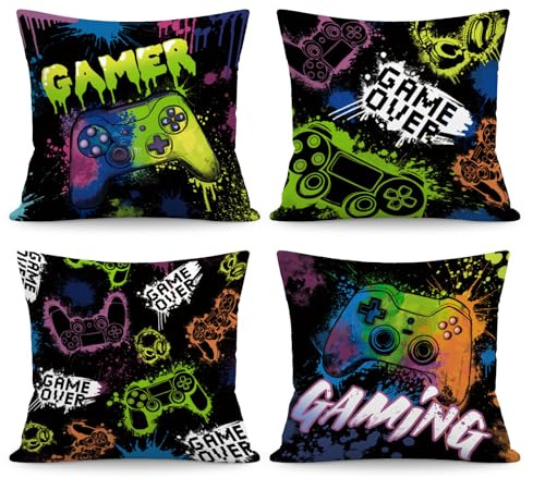 NymphFable Soft Gaming Controller Kissenbezüge 45x45 cm Set 4 | Gaming Dekokissenbezüge, Graffiti Spielzimmer Wohnaccessoires, für Sofa Bett Gaming Zimmer Wohnzimmer