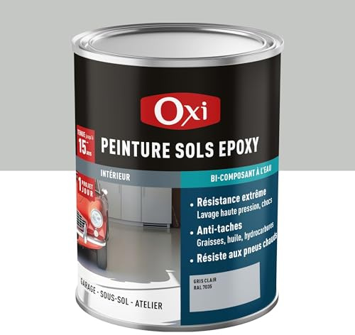Oxi - Peinture Sol Époxy Bi-Composant - Gris Clair- 300ML | Haute résistance pour garage, béton et carrelage - Application sans sous-couche, finition satinée lessivable RAL 7035