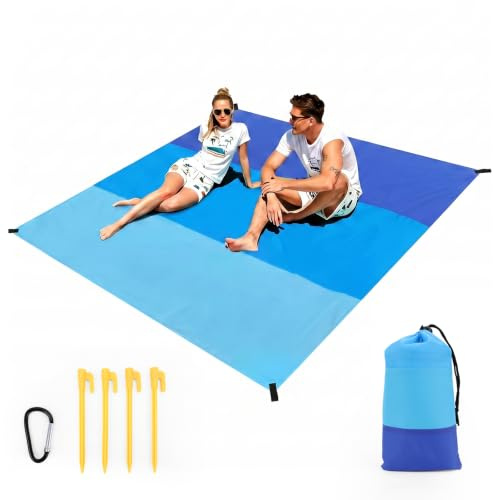 Sahunfri Tapis de Plage, Couverture Pique-Nique avec 4 piquets, 1mousqueton | 100 % polyamide, 140 x 200 cm, résistant au sable et imperméable, parfait pour le camping et la randonnée