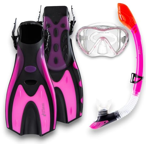 Two Bare Feet Adults 3 Piece Silicone Mask, Snorkel and Fins Diving Set, Anti Fog Anti Leak Snorkelling Set - Style 3 (Pink, Dry Top Snorkel, SM UK4.5-8.5)