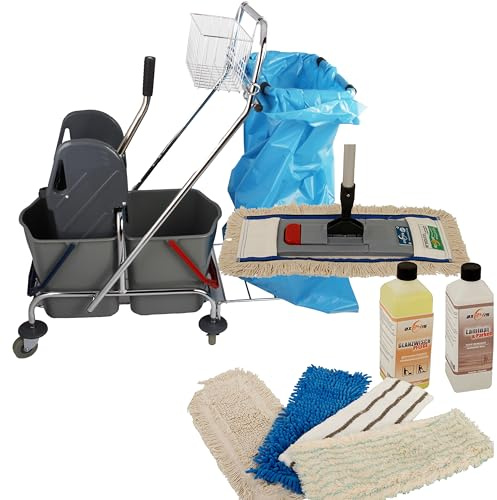 Wischmop Komplettset 10 teilig mit Wischerset 40cm und mit Doppelfahreimer Chrom 2x17 Liter mit Müllsackhalter und Ersatzmöppe und 2 x Profi Reinigungsmittel Axis Line