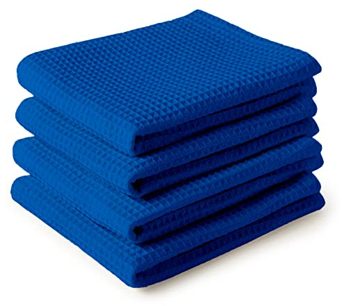 Encasa XO Geschirrtücher, Waffelgewebe Küchentücher 70x45 cm | Blau 100% Baumwolle | Schnell Trocknend & Fusselarm | Wiederverwendbar | 4er-Set