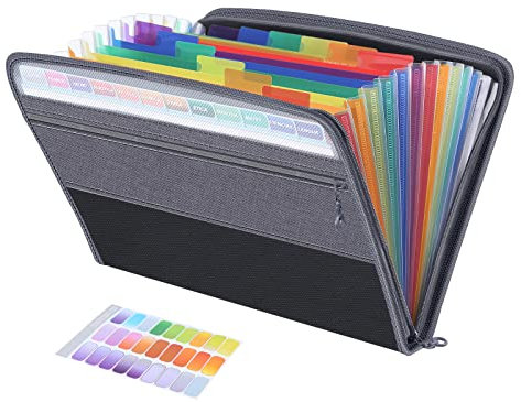 Fun File Organiser,13 Pockets Folder Document Organiser Box Files and Folders for Paperwork A4,Rainbow Expanding Concertina Filing Folder,Plastic Paper Receipt Storage Organisers Boxes with Tabs,Black