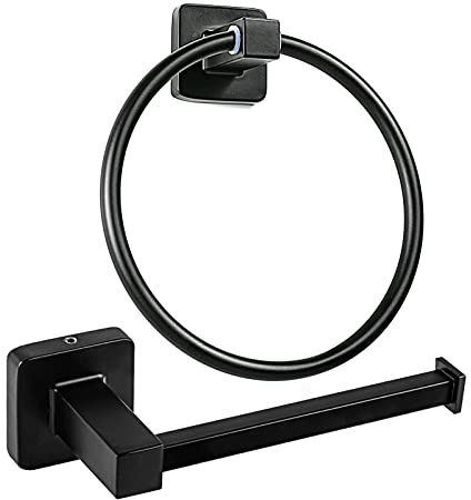 YUET Matte Black Square Bathroom Toilet Roll Paper Holders Tissue Holder & Towel Ring Bar Accessories 2 Pieces Stainless Steel Hardware Set (Black)