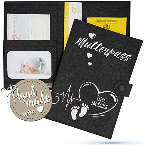 Emadele U-Heft Schutzhülle Herz&Fuß 'Liebe im Bauch' Dunkelgrau aus Filz Handmade. Kinder-Untersuchungsheft Hülle für Impfpass