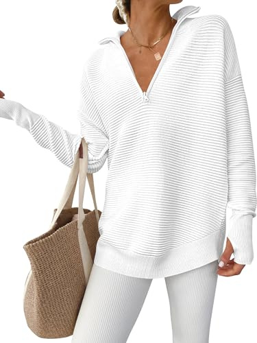 ANRABESS Womens Long Sleeve Quarter Zip Pullover Sweater Casual Loose V Neck Collared Ribbed Knit Jumper Tops Thumb Hole White Large