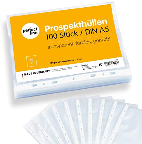 perfect line - 100 Prospekthüllen DIN-A5, Klarsichtfolien transparent, genarbt, 60 my stark, Made in Germany