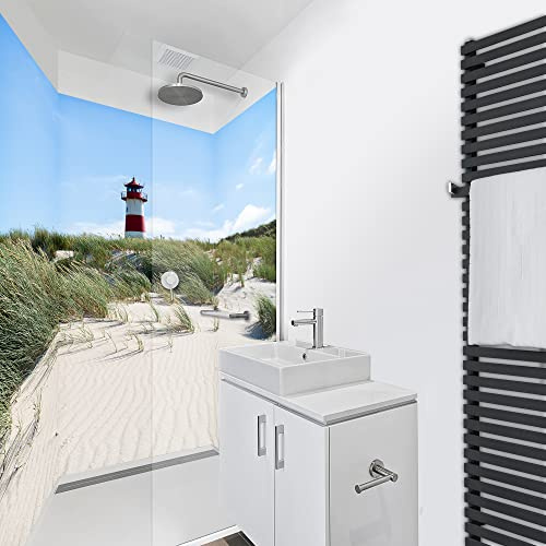 WANDFREUDE individuelle Duschrückwand Aluverbundplatte auf Maß (3 Stück - Leuchtturm in Düne - Seidenmatt) – Dusche Wandverkleidung Duschwandverkleidung Duschrückwände