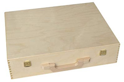 KF-Holz Holzkoffer - Aktenkoffer - Aufbewahrungskoffer - idealer Bastelkoffer & Malkoffer - Geschenkkoffer aus Holz - tragbarer Holzkoffer aussen lackiert(420 x 320 x 100 mm)
