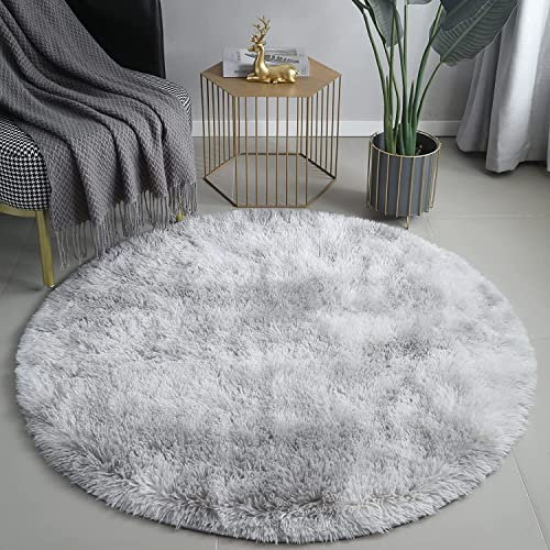 Tenekee Teppich Rund Teppich Wohnzimmer Hochflor Teppiche Langflor Wohnzimmerteppich für Wohnzimmer Flauschiger Teppich Schlafzimmer Outdoor Carpet (Grau weiß, 120cm)