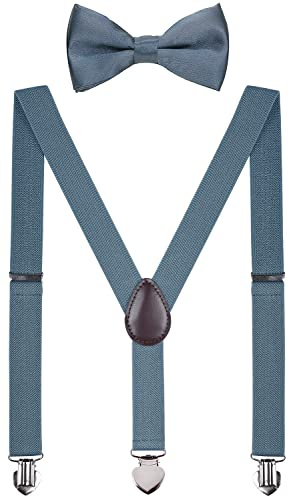 WDSKY Boys' Suspenders and Bow Tie Set Adjustable with Heart Clips 30 Inches Dusty Blue