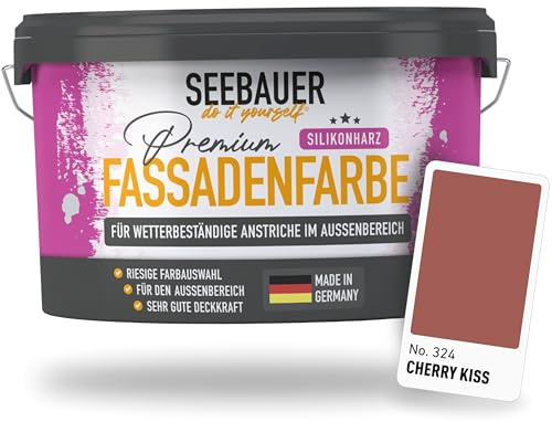 SEEBAUER diy Silikonharz-Fassadenfarbe Rot 2,5L für Außen (No. 324 Cherry Kiss) Selbstreinigende Fassadenfarbe mit Lotuseffekt - Geeignet für Putz, Mauerwerk und Beton