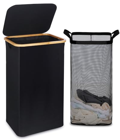 efluky Wäschekörbe mit Deckel 120 Liter hoher Wäschebox mit Bambus Henkel und Innentasche, faltbarer groß XXL Waschekorbsammler Wäschekorb Wäscheboxen Laundry Baskets