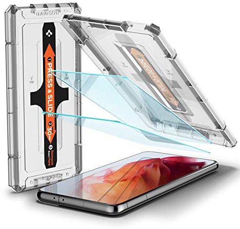 Spigen EZ Fit Schutzfolie [2 Stück] für Samsung Galaxy S21 | Gehärtetes Glas, inkl. Installationskit, Kristallklar, Kratzfest, Hüllenfreundlich, 9H Härte Folie