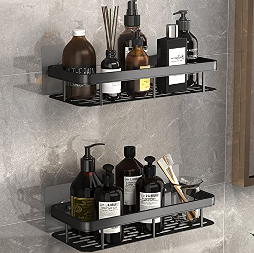 PIGPIGFLY Estante Baño，Estante Ducha sin Taladro, Organizador Estantes Cesta para Ducha,Baldas Pared sin Agujeros,Aluminio, Acabado Mate Negro,Estante Ducha (2 PCS)