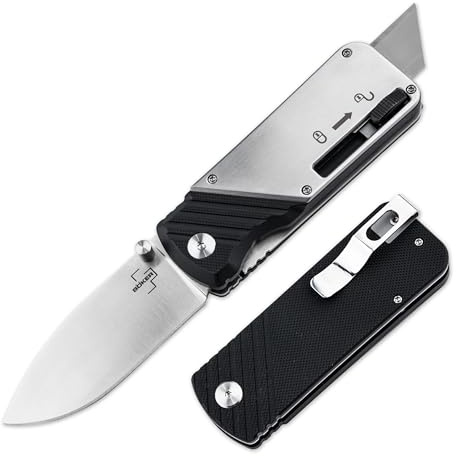 BÖKER PLUS® Bill N Ted Operation Box Knife Cutter - EDC Taschenmesser mit Cutter & D2 Droppoint Klinge - Klappmesser mit Trapez-Klinge - G10 Kombi-Messer mit Clip - Teppich-Messer in Geschenk-Box