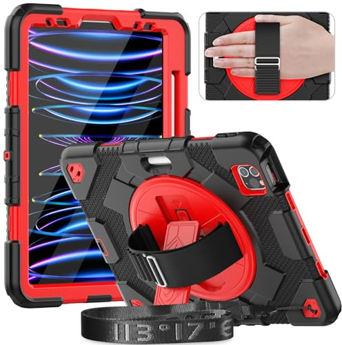 timecity for iPad Air 5th/4th Generation, iPad Pro 11 Inch Case,Heavy Duty Shockproof Case with Screen Protector, 360 Rotating Stand/Hand Strap/Pencil Holder for iPad Air5 10.9, Red