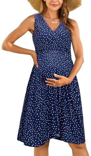 OUGES Abito Estivo Premaman da Donna Abito da Allattamento in Cotone Abiti Primaverili Casual in Gravidanza con Tasche